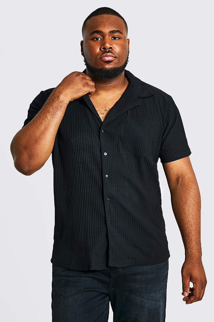 Black svart Plus - Kortärmad plisserad skjorta med bowlingkrage image number 1