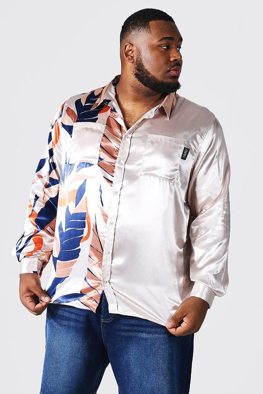 Camicia Plus Size in raso con stampa di foglie effetto patchwork, Ecru bianco image number 1