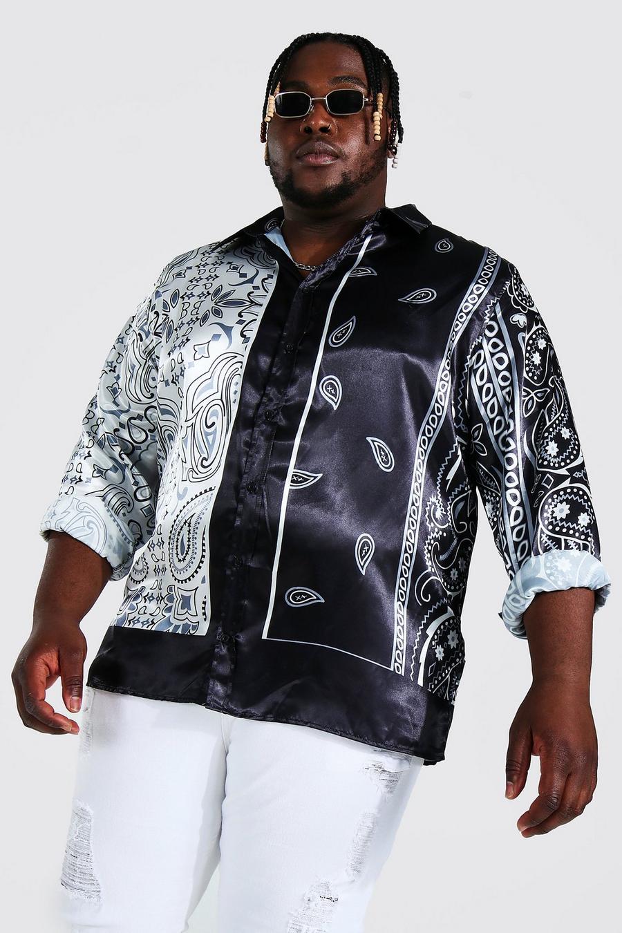 Camicia Plus Size in raso con stampa a cachemire e bordi, Black negro image number 1
