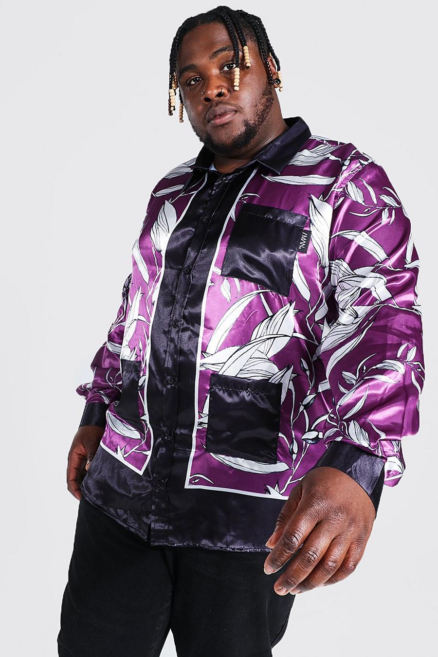 Camisa Plus de raso con estampado de palmeras y filos, Purple viola image number 1
