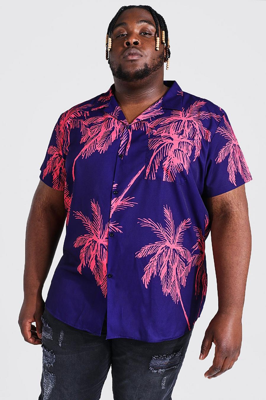 Camicia Plus Size a maniche corte con stampa di palme, Purple image number 1