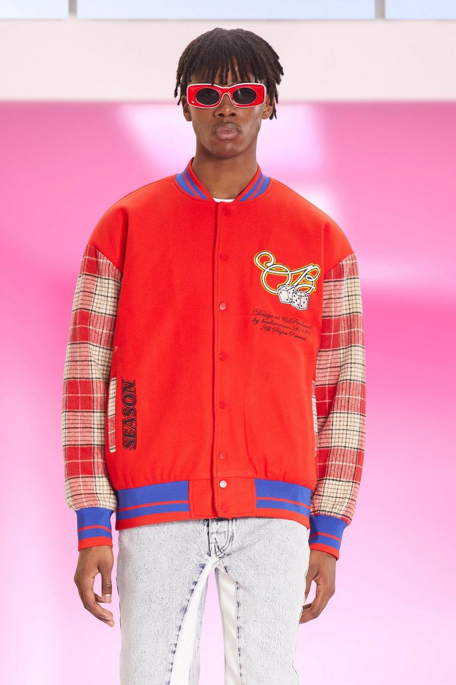 Red Future Varsity Bomber W Check Sleeves image number 1