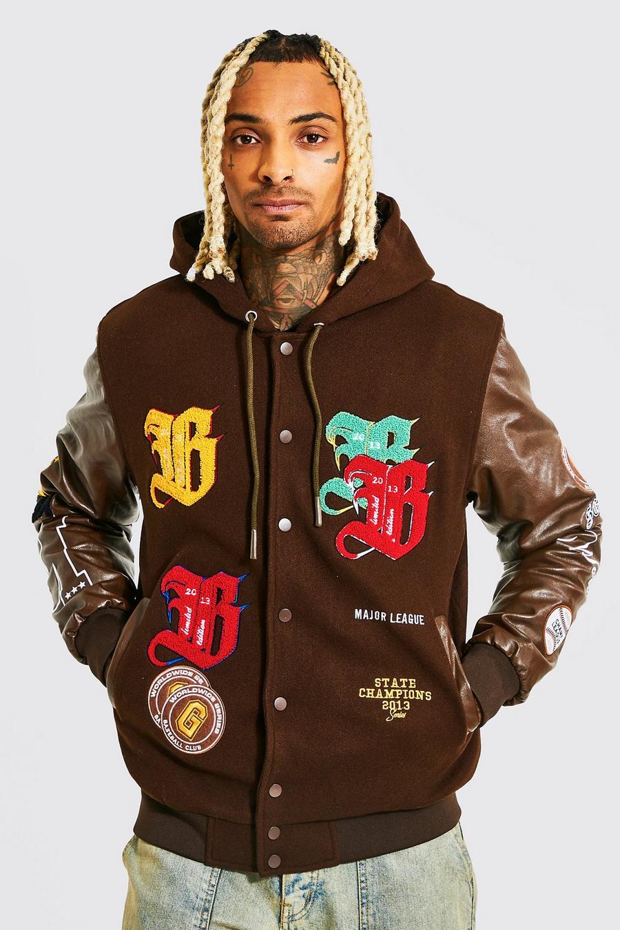 Chaqueta bomber con capucha universitaria con letra B, Chocolate marrón image number 1