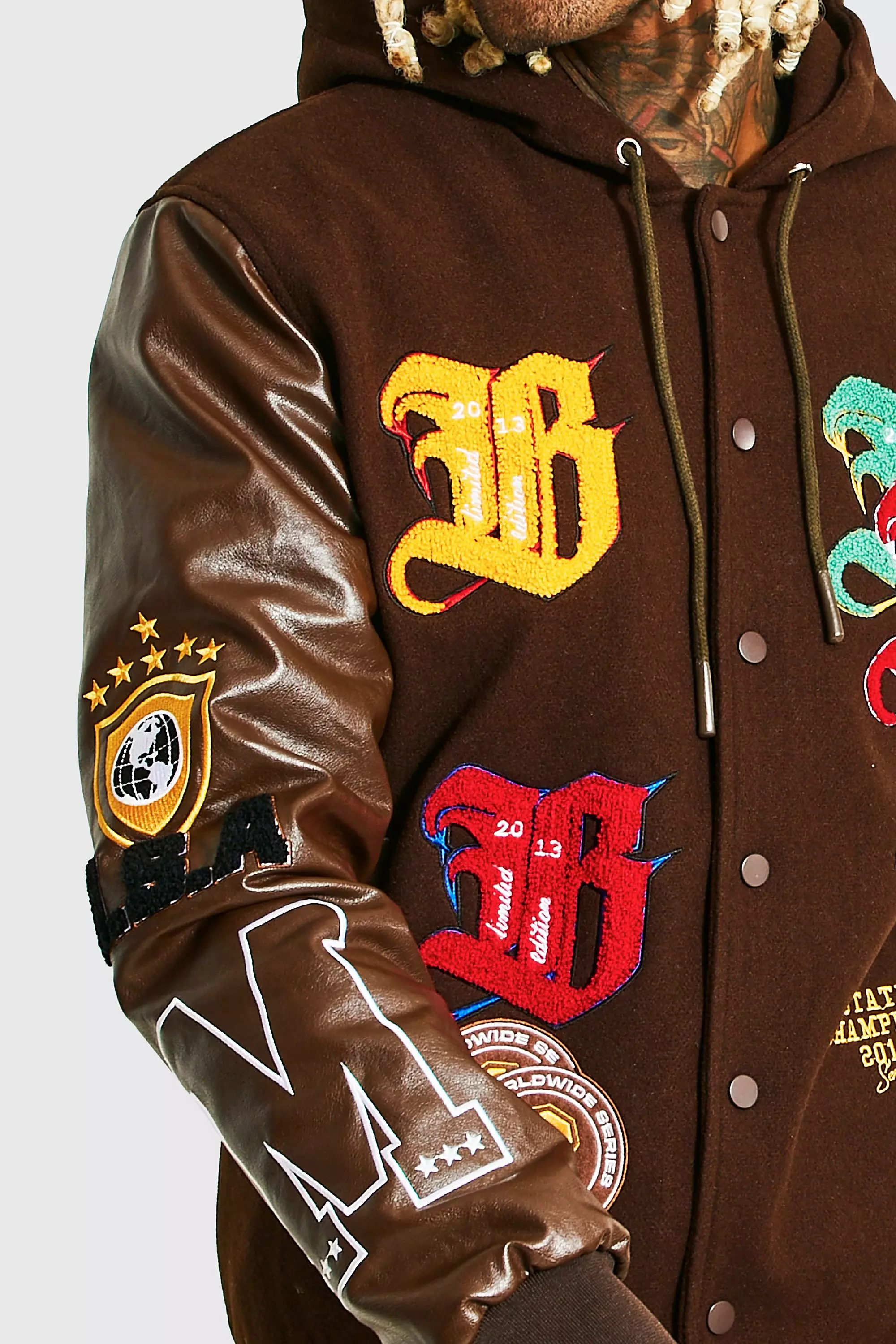 Varsity hooded best sale bomber jacket