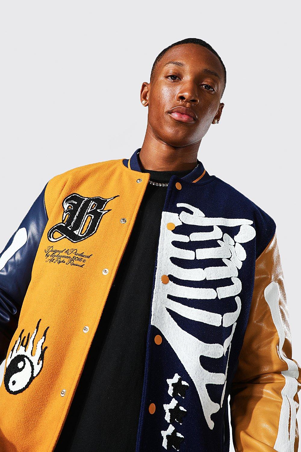 colour block half skeleton varsity bomber