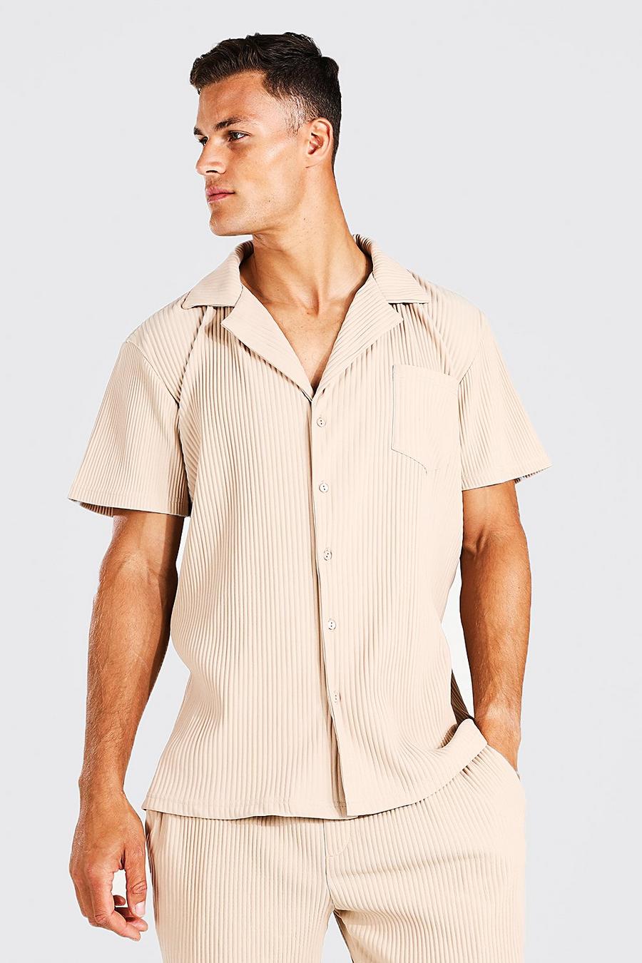 Taupe beige Tall - Kortärmad plisserad skjorta med bowlingkrage image number 1