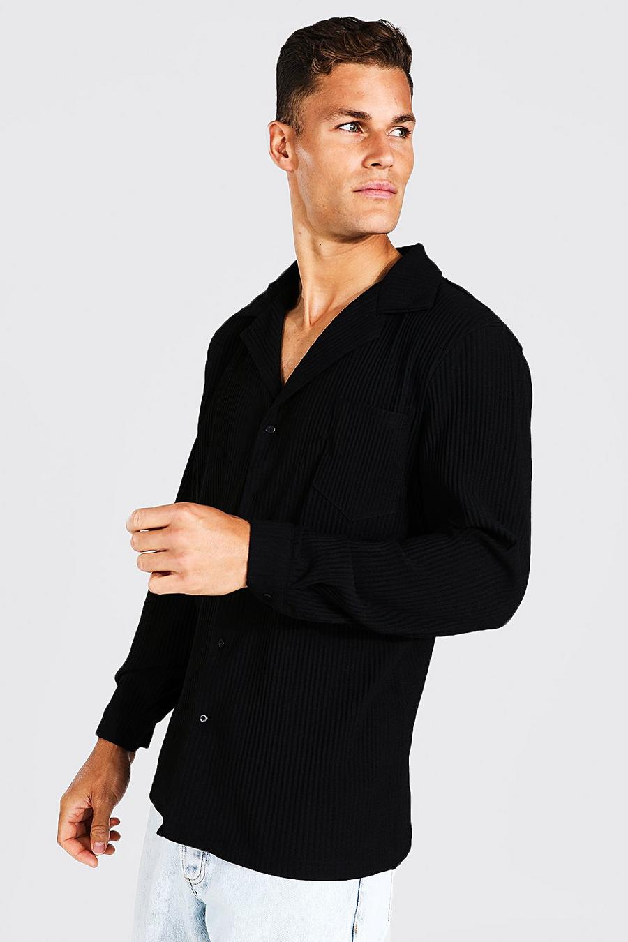 Black Tall Pleated Long Sleeve Revere Shirt image number 1