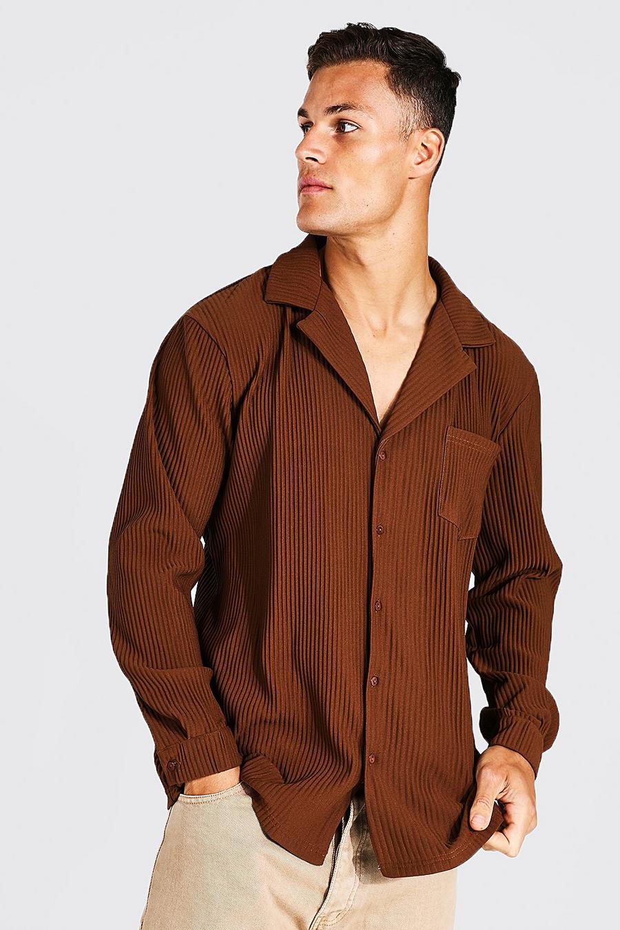 Chocolate Tall Geplooid Overhemd Met Lange Mouwen En Revers Kraag image number 1