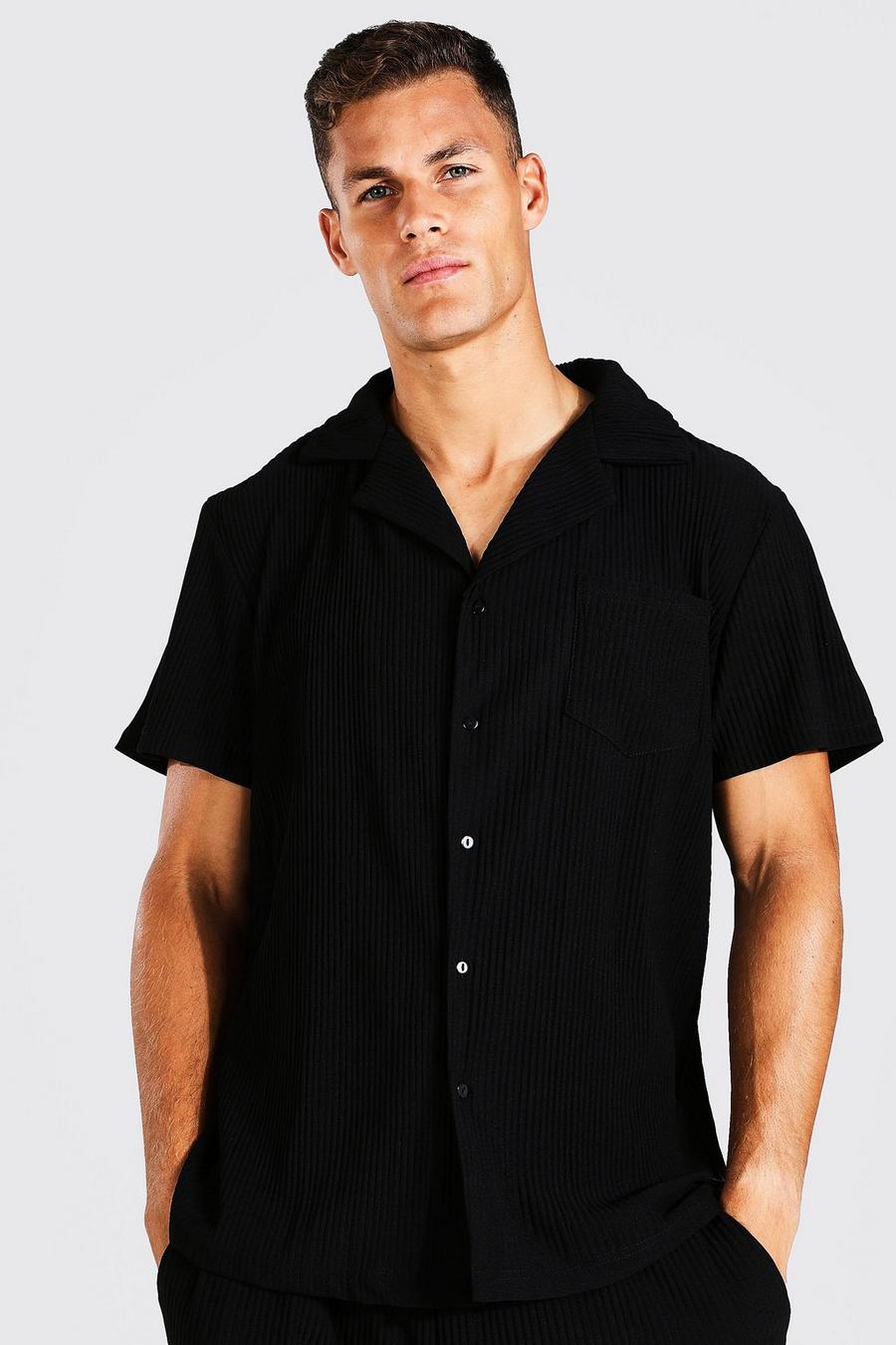 שחור חולצה מכופתרת קצרה עם קפלים לגברים גבוהים image number 1