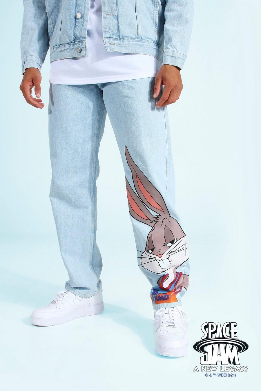כחול קרח ג'ינס בגזרה משוחררת עם הדפס ממותג של באגס באני של Space Jam image number 1