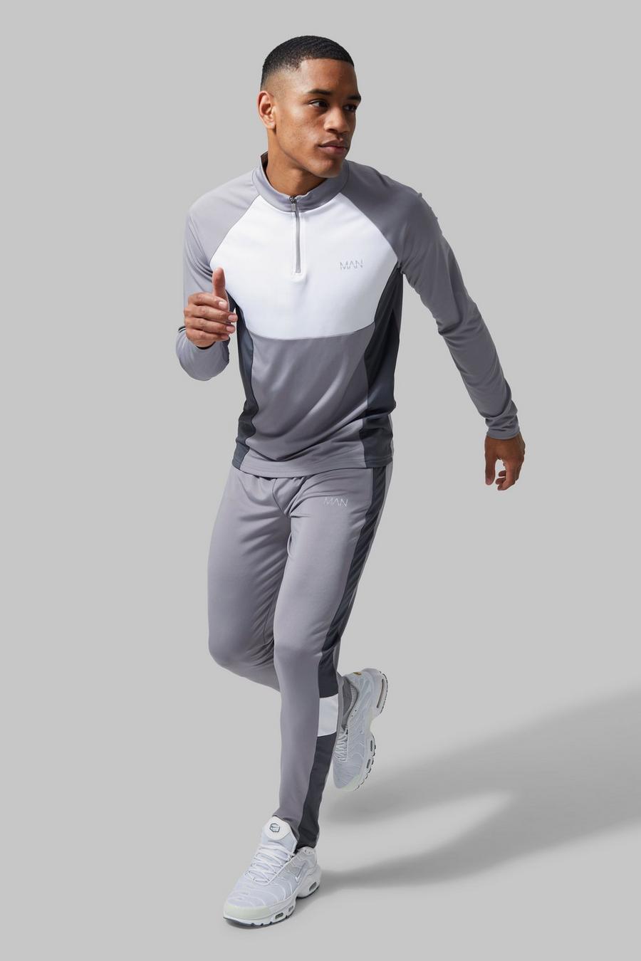 Man Active Colorblock Trainingsanzug mit Trichterkragen, Light grey gris image number 1