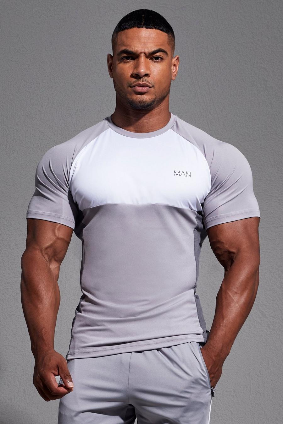 Light grey grå MAN Active T-shirt med raglanärm och blockfärger image number 1