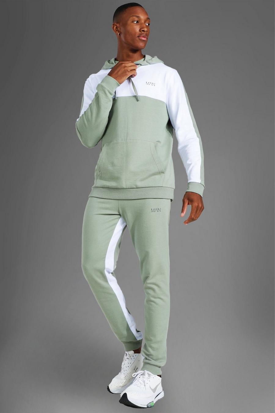 Man Active Colorblock Trainingsanzug mit Kapuze, Sage green image number 1