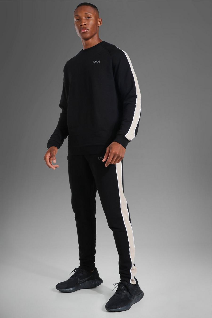 Black svart MAN Active Träningsoverall med hoodie och ränder image number 1