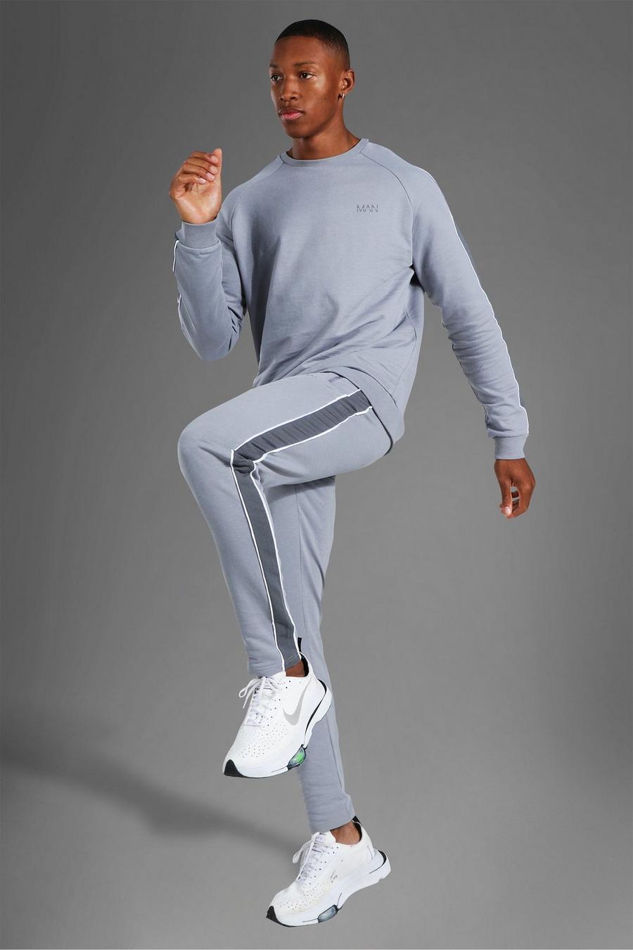 Grey grå Man Active Gym Side Stripe Sweater Tracksuit image number 1