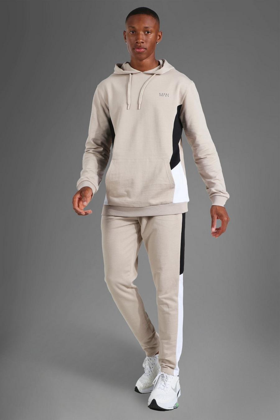 Taupe beige MAN Active Träningsoverall med hoodie och blockfärger image number 1