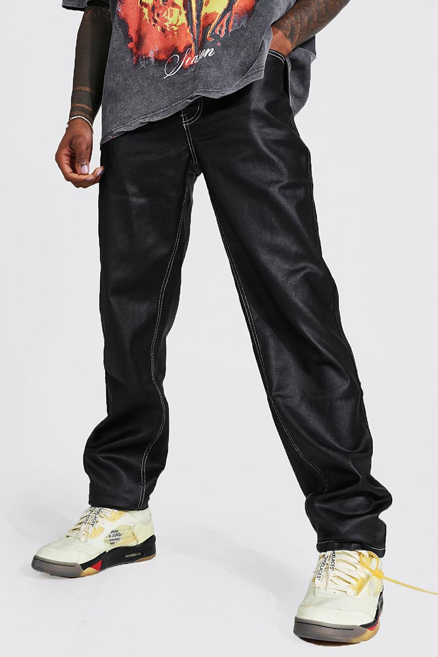 Black Relaxed Fit Rigid Coated Jeans image number 1