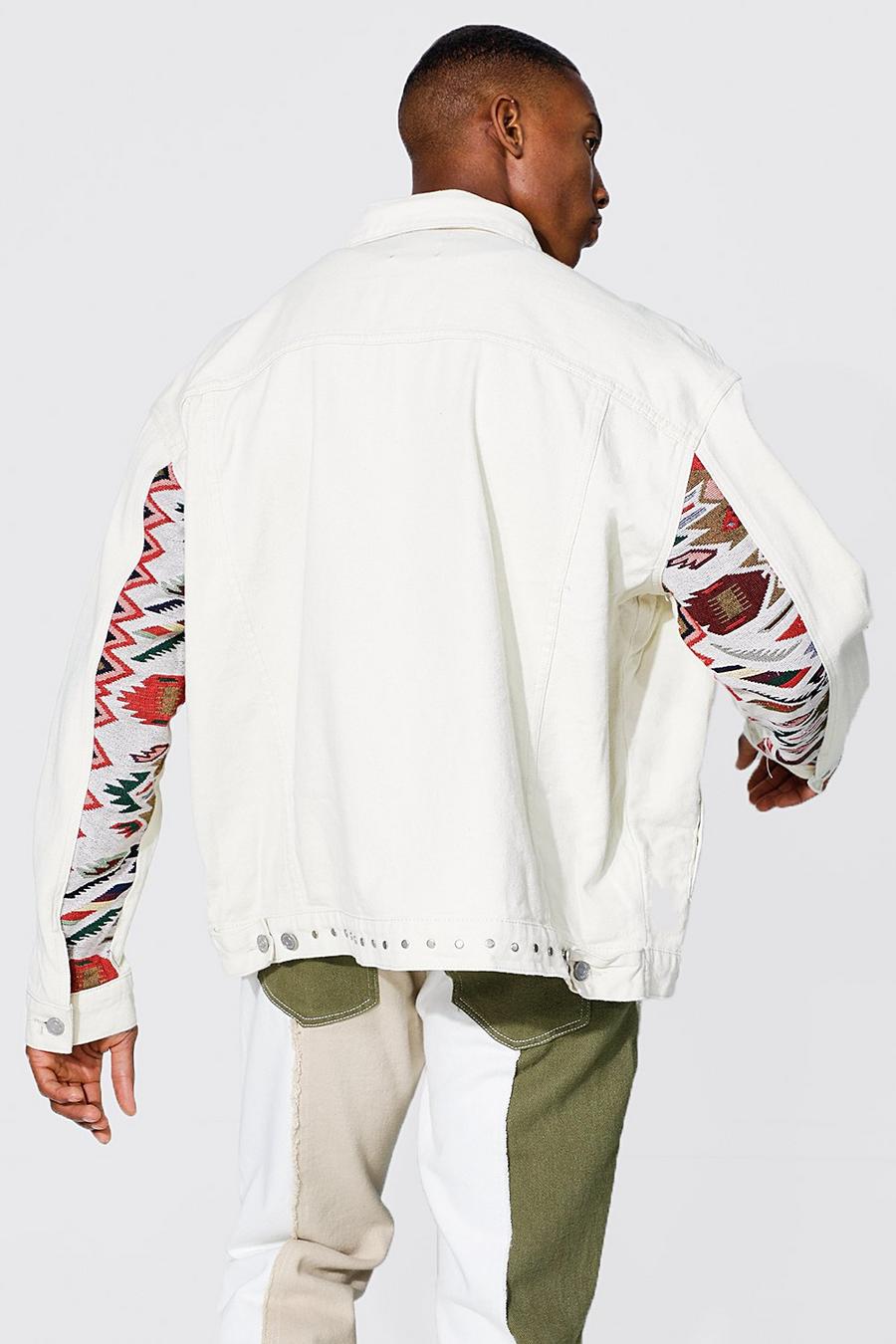 Ecru blanc Oversized Tapestry Studded Denim Jacket image number 1