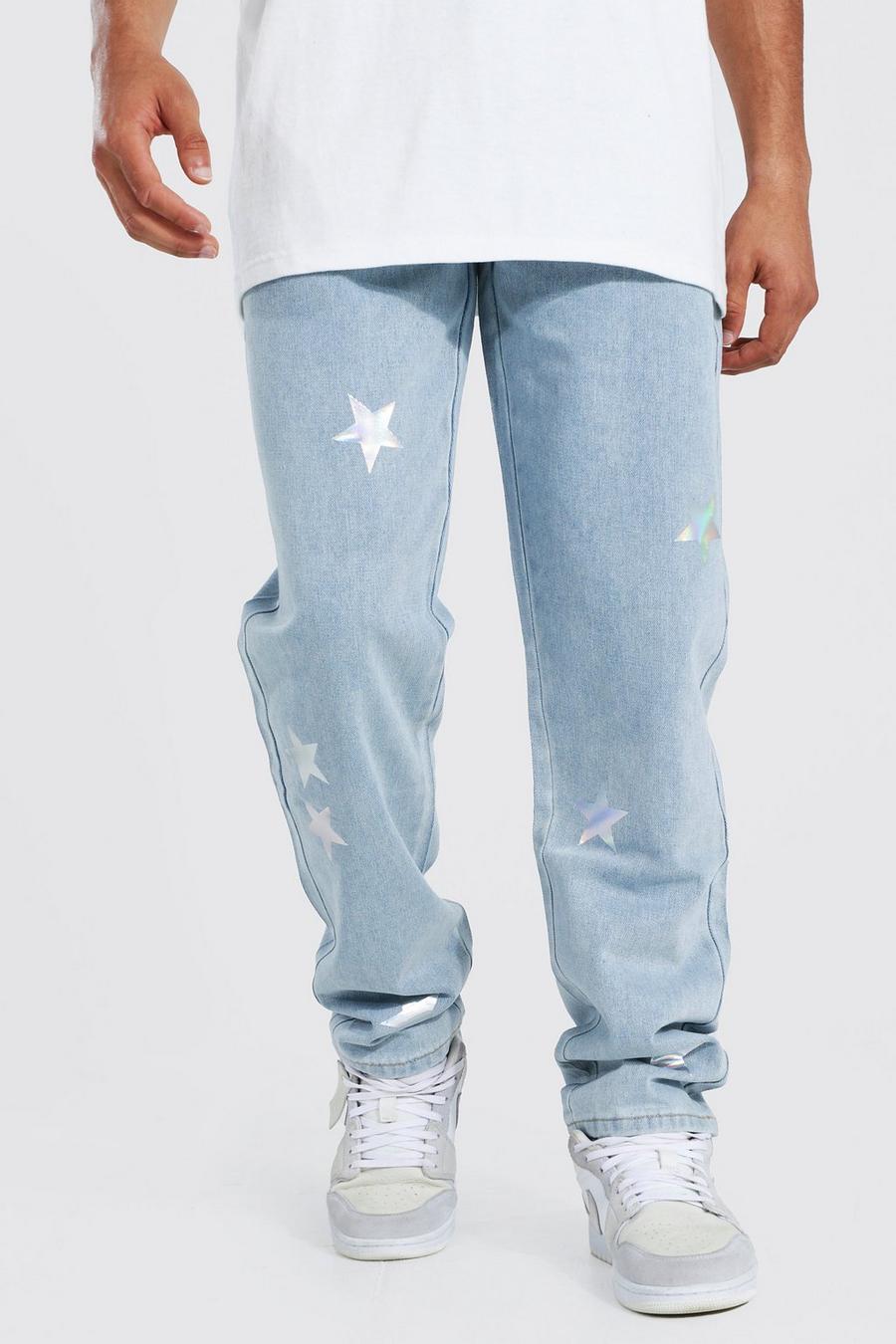 Slim-Fit Jeans mit holografischen Sternen, Ice blue image number 1