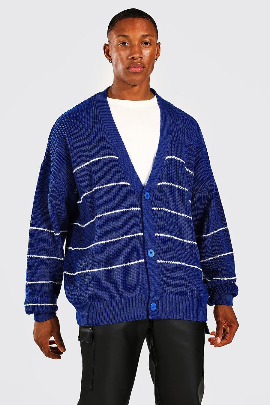 Cobalt blue Oversized Stripe Waffle Knit Cardigan image number 1