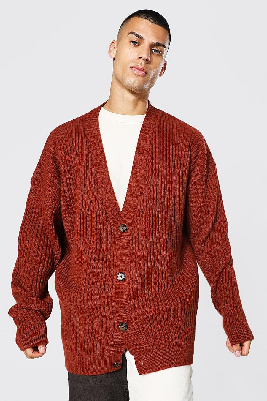 Rust Oversized Knit Ribbed Stitch Cardigan image number 1