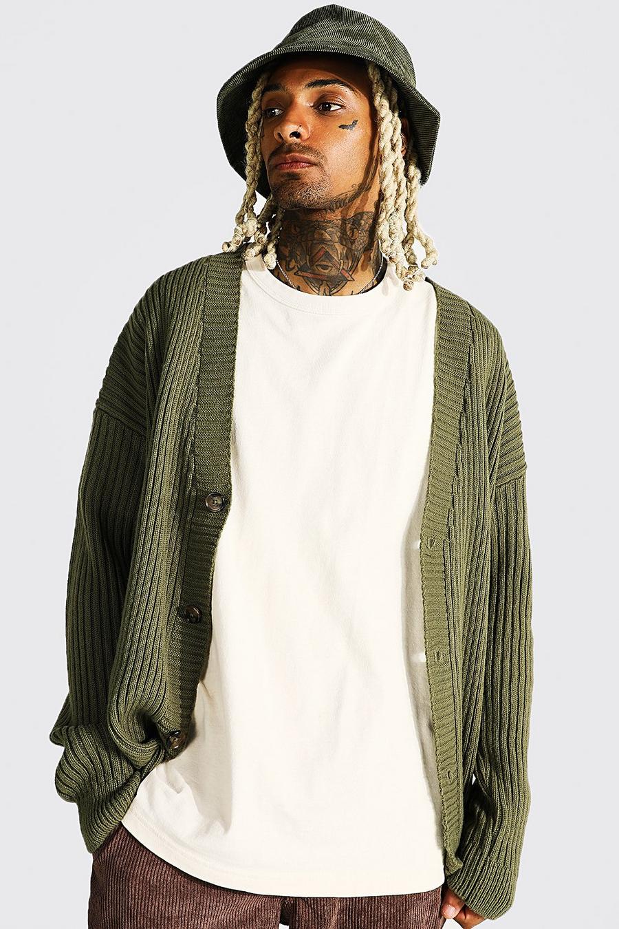 Green vert Oversized Knit Ribbed Stitch Cardigan image number 1