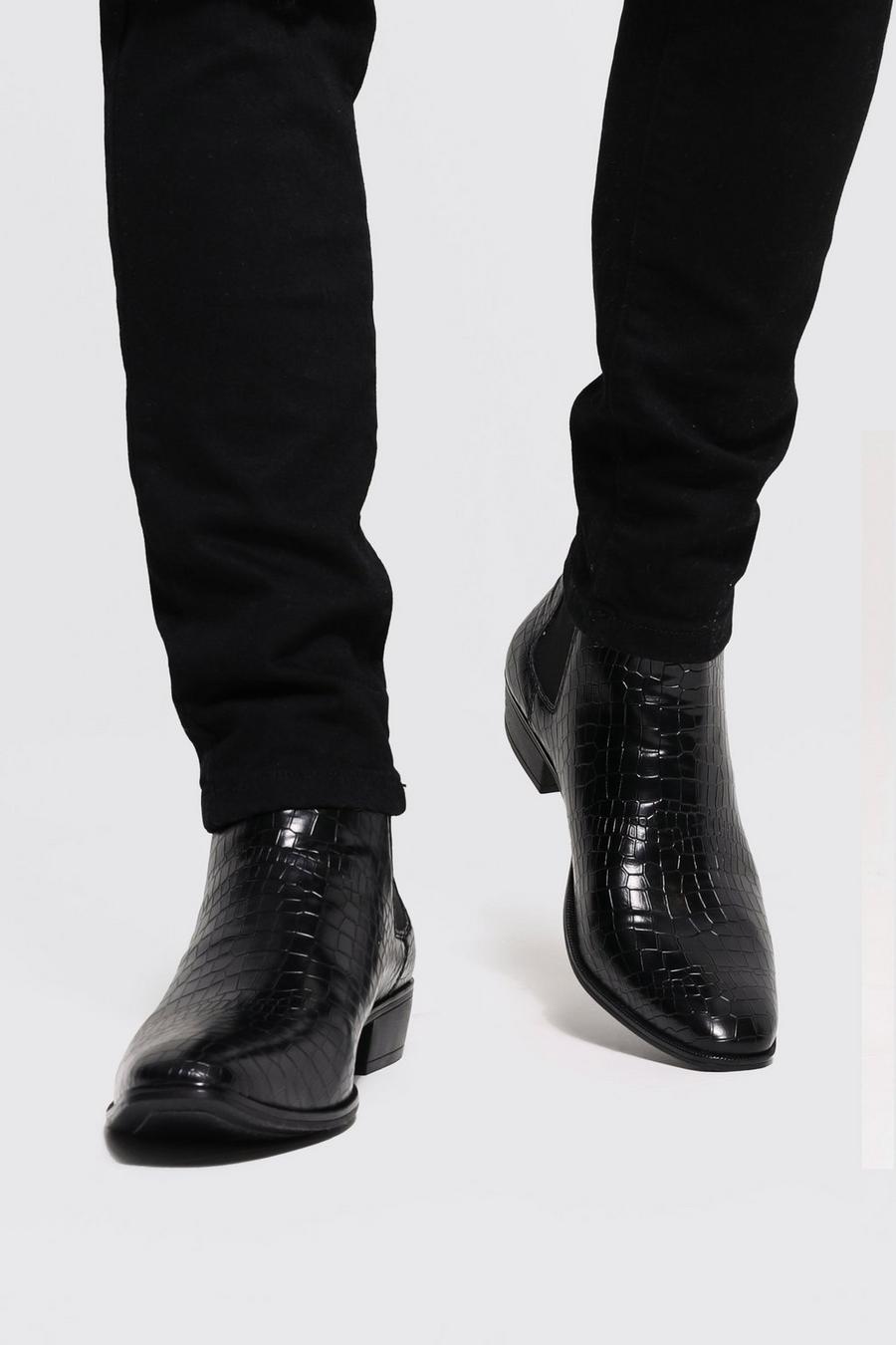 Black noir Faux Leather Croc Cuban Boot image number 1