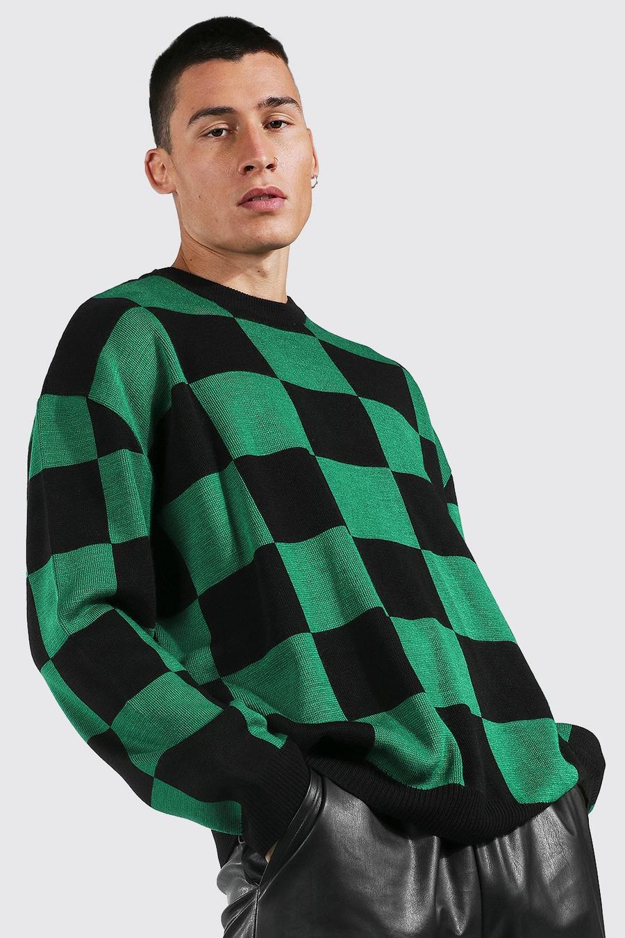 ירוק סוודר אוברסייז בדוגמת לוח שחמט עם צווארון עגול image number 1