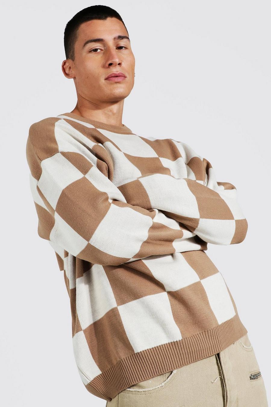 Taupe Oversized Crew Neck Checkerboard Jumper image number 1