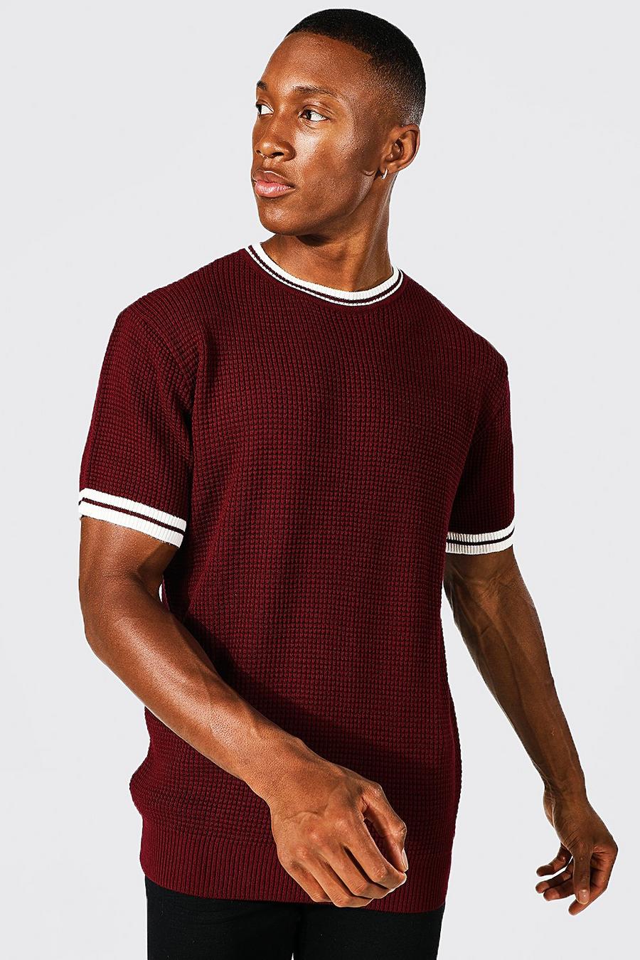 T-shirt en maille texturée avec col contrastant, Burgundy red image number 1