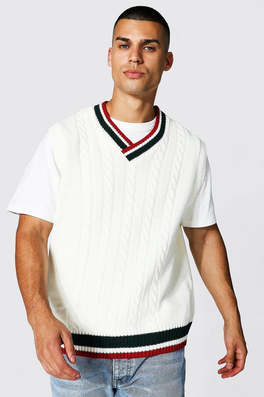 Cream Varsity Basic Cable Knitted Vest image number 1
