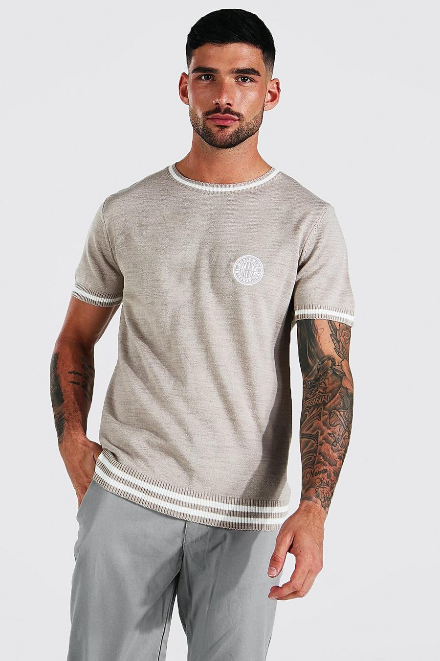 Stone beige Varsity Knitted T-shirt With Man Badge image number 1