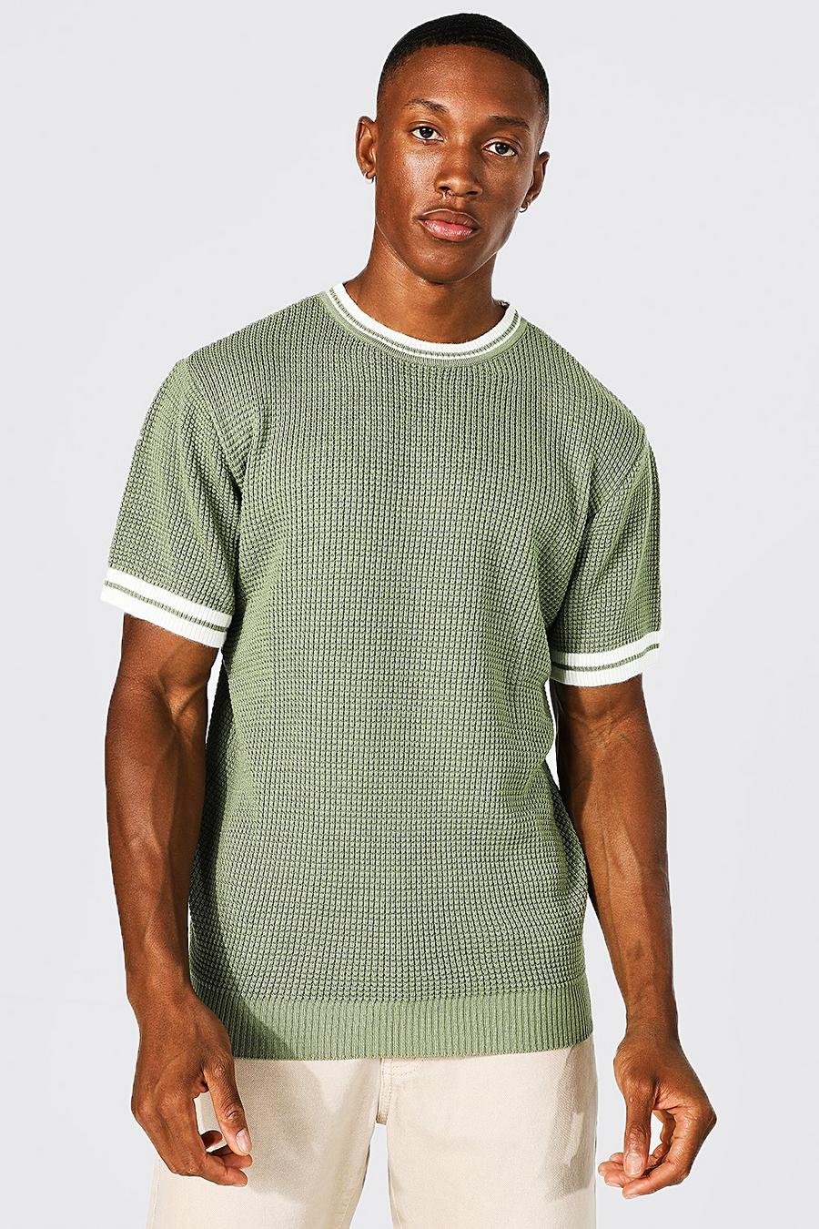 T-shirt en maille texturée avec col contrastant, Sage green image number 1