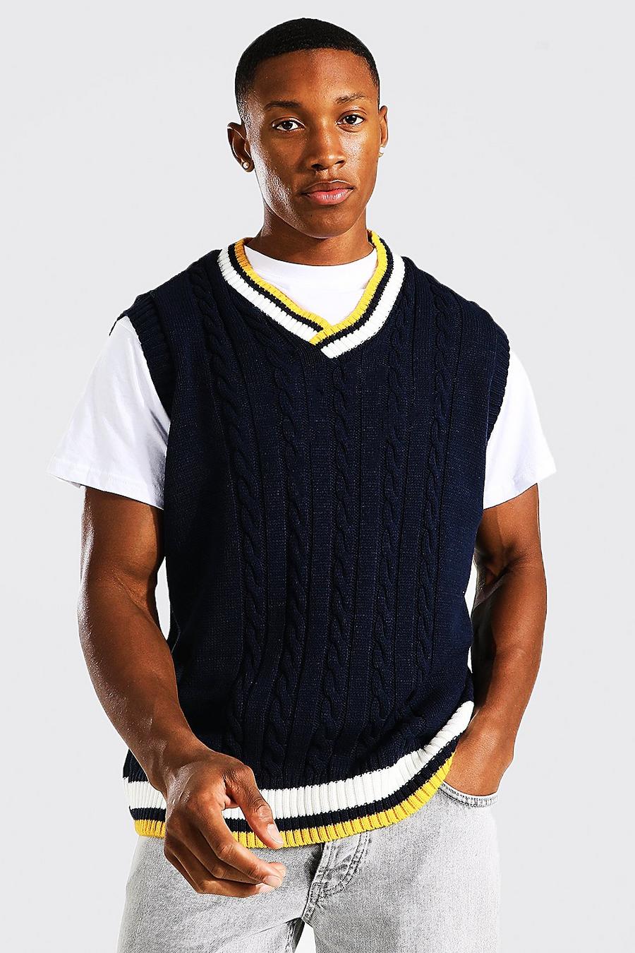 Navy Varsity Basic Cable Knitted Tank Top image number 1