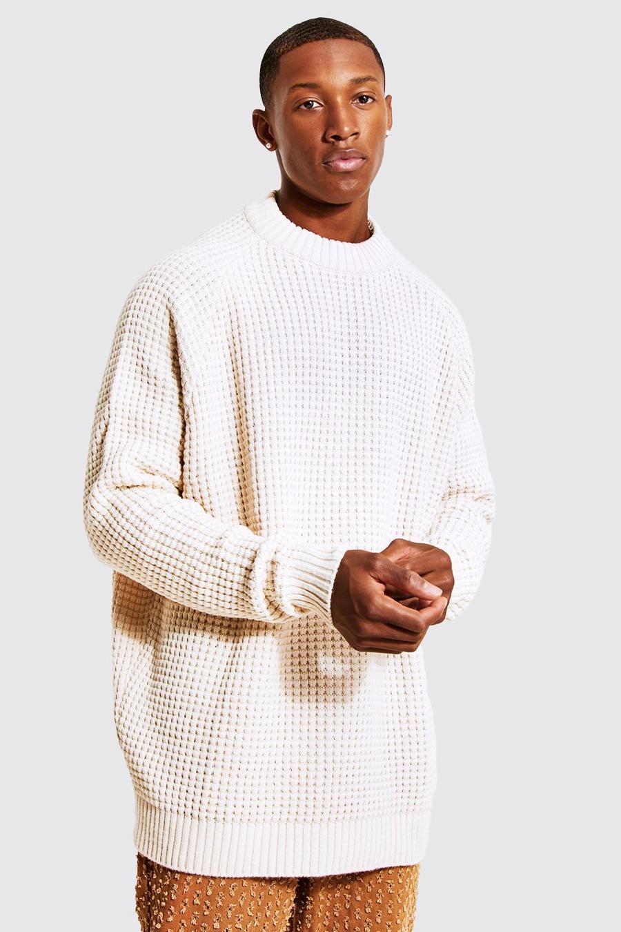 Oversize-Pullover mit Raglanärmeln und Waffelmuster, Naturfarben white image number 1