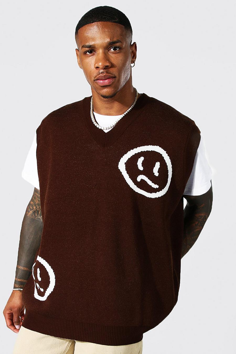 Chocolate brun Drip Face Knitted V Neck Vest image number 1