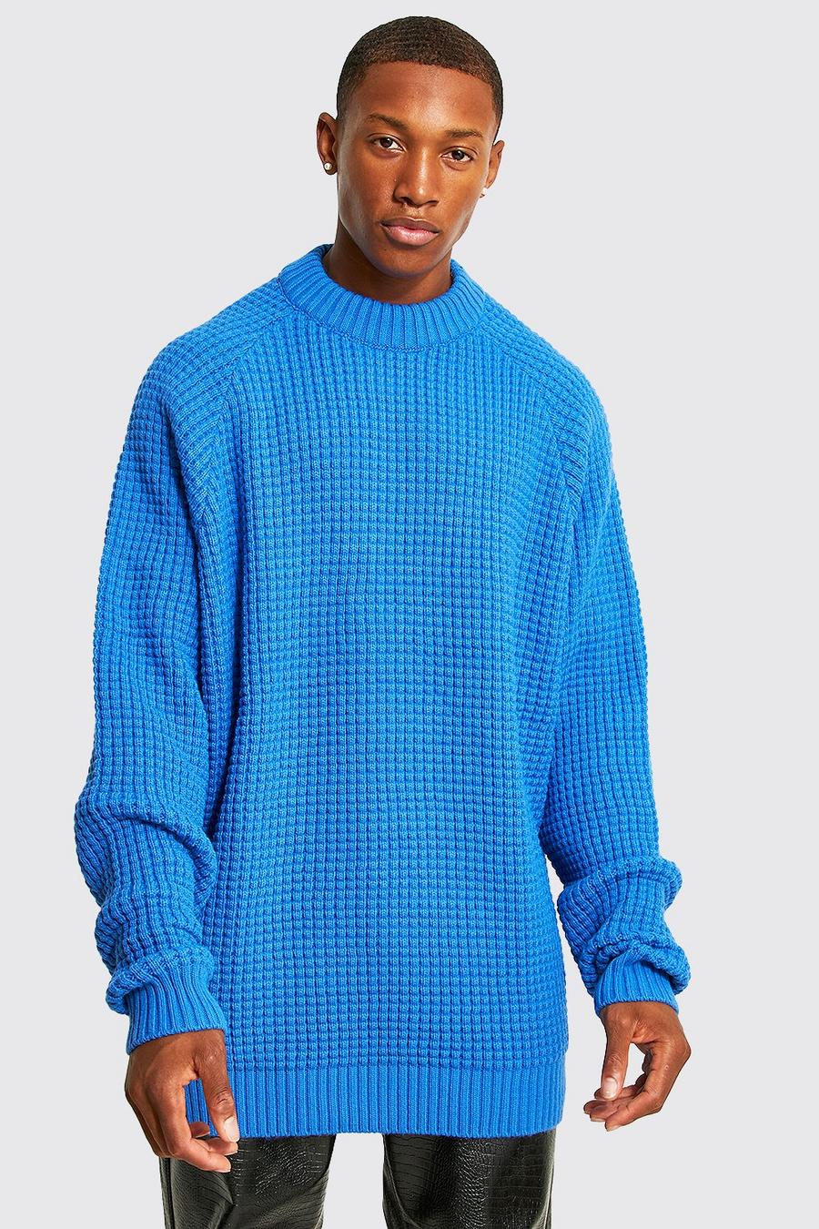 Cobalt blue Oversize stickad tröja med raglanärm och struktur image number 1