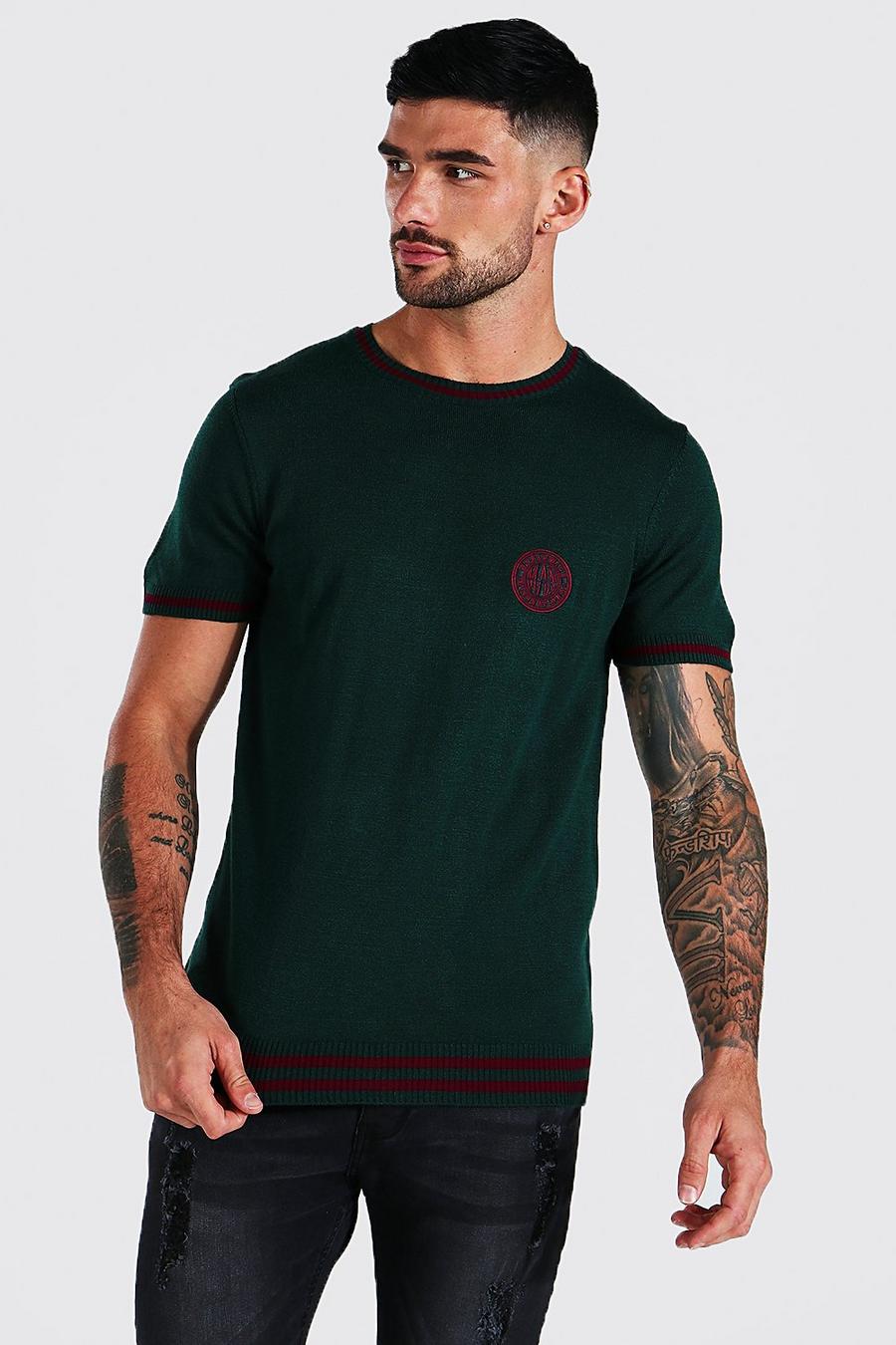 T-shirt in maglia con stemma Man in stile Varsity, Green image number 1