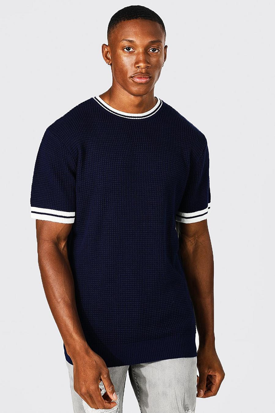 Navy Striped Textured Knitted T-shirt image number 1