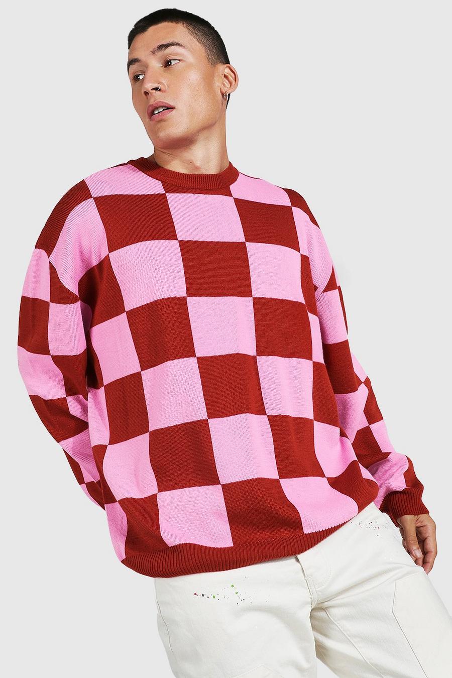 Red Oversized Crew Neck Checkerboard Jumper image number 1