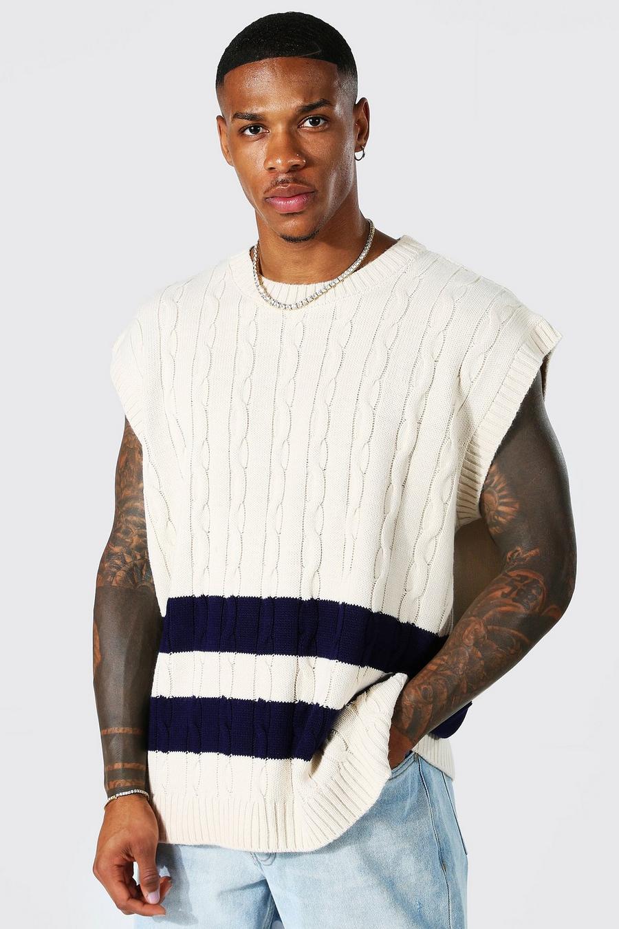 Ecru Oversized Crew Neck Cable Knitted Vest image number 1