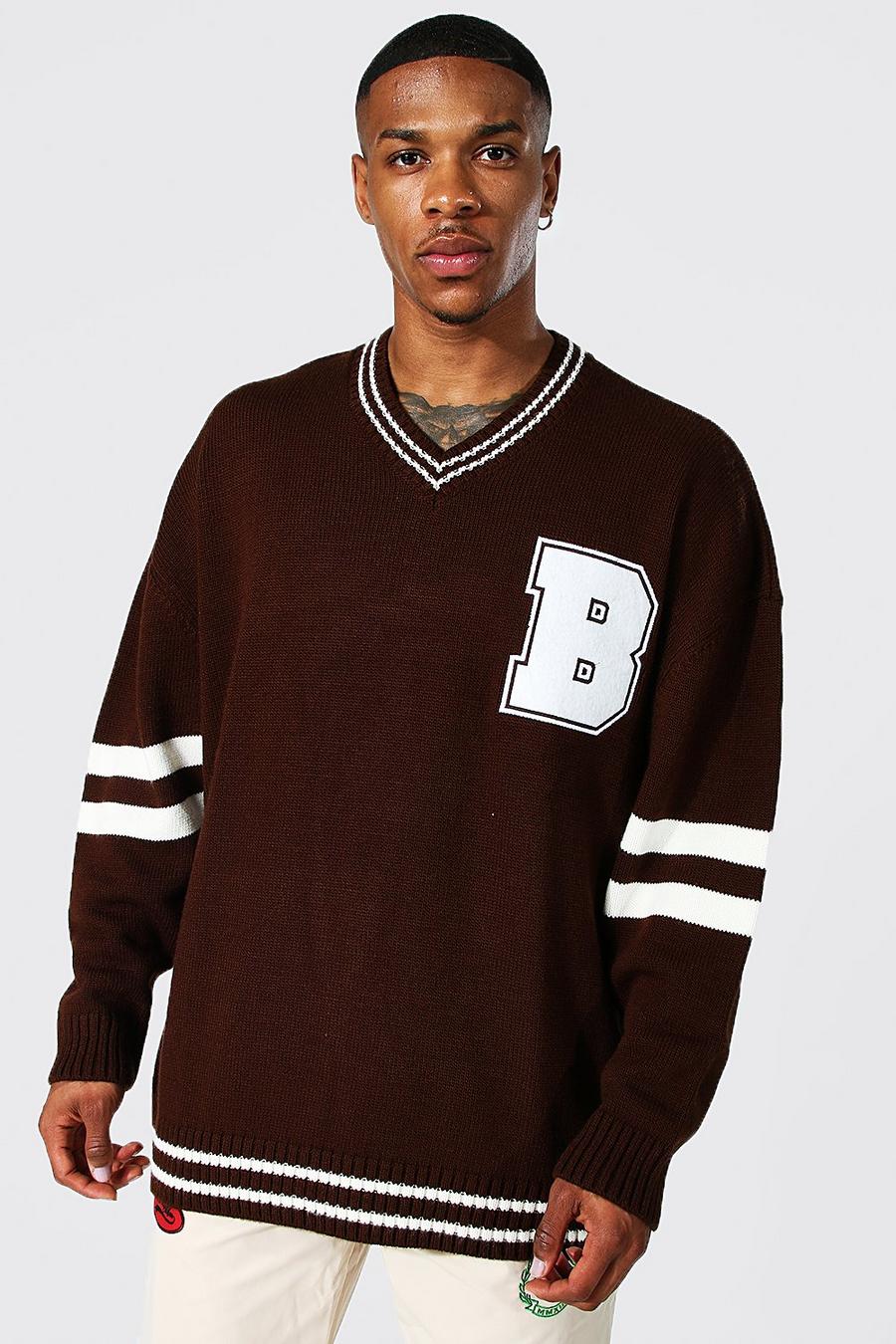 Chocolate Oversized V Neck Varsity Badge Knitted Jumper image number 1