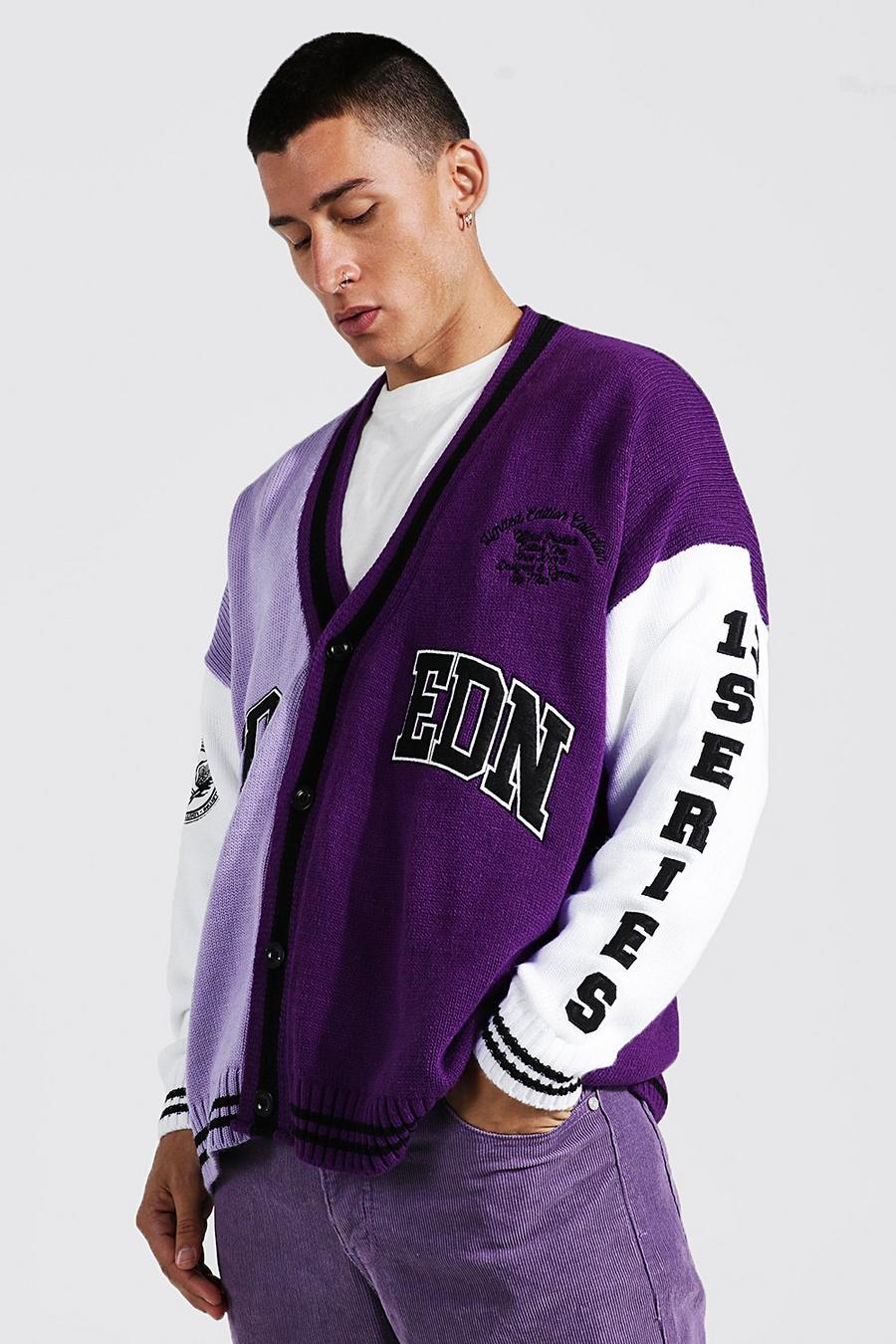 Cardigan oversize style universitaire effet color block, Purple violet image number 1