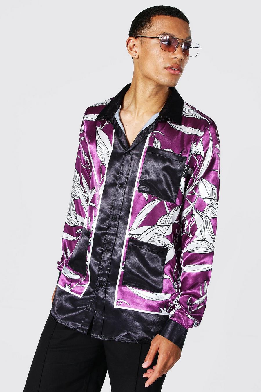 Camisa Tall de raso con estampado de palmeras y bordes, Purple morado image number 1