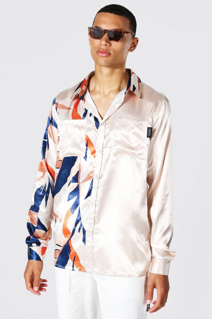 Camicia Tall in fantasia con foglie effetto patchwork, Ecru blanco image number 1