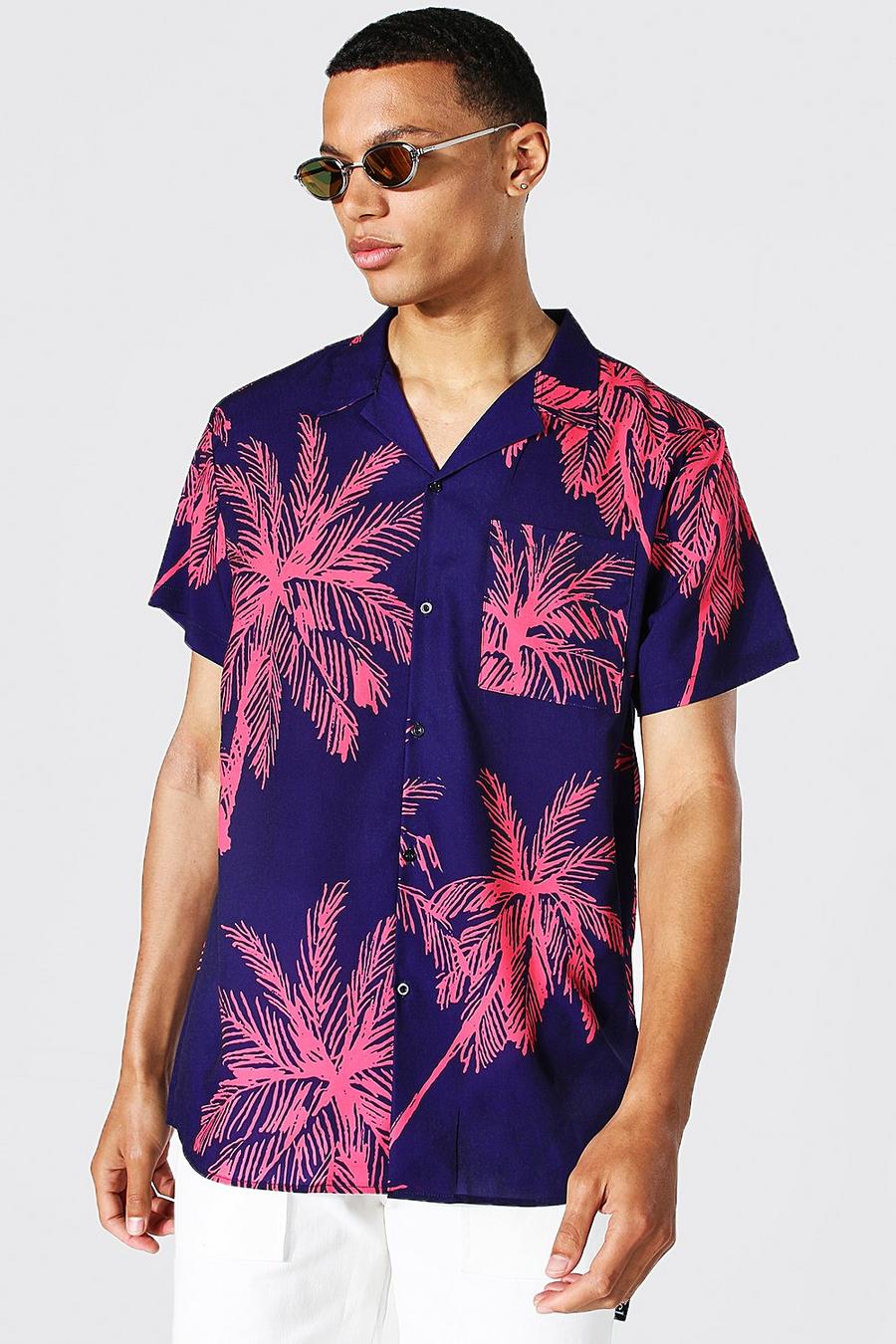 Camisa Tall de manga corta con estampado de palmeras, Purple viola image number 1