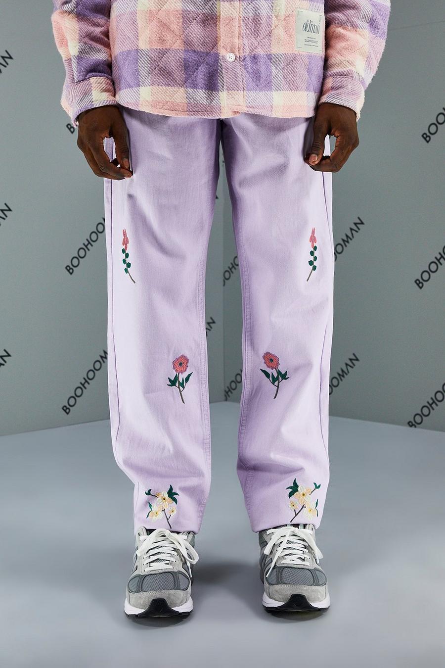 Lilac purple Relaxed Fit Rigid Floral Jeans image number 1