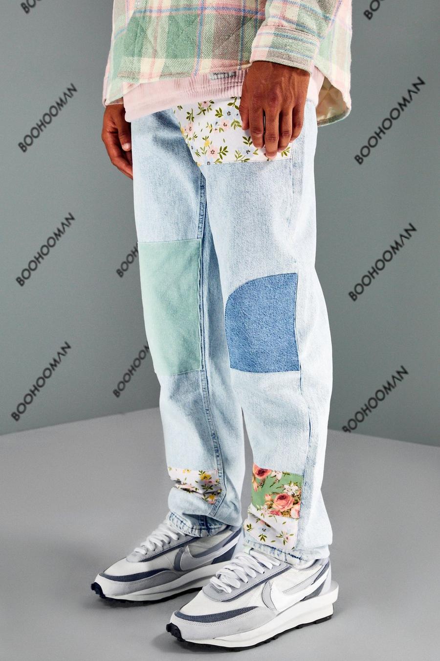 Lockere florale Patchwork Cord-Jeans, Ice blue image number 1