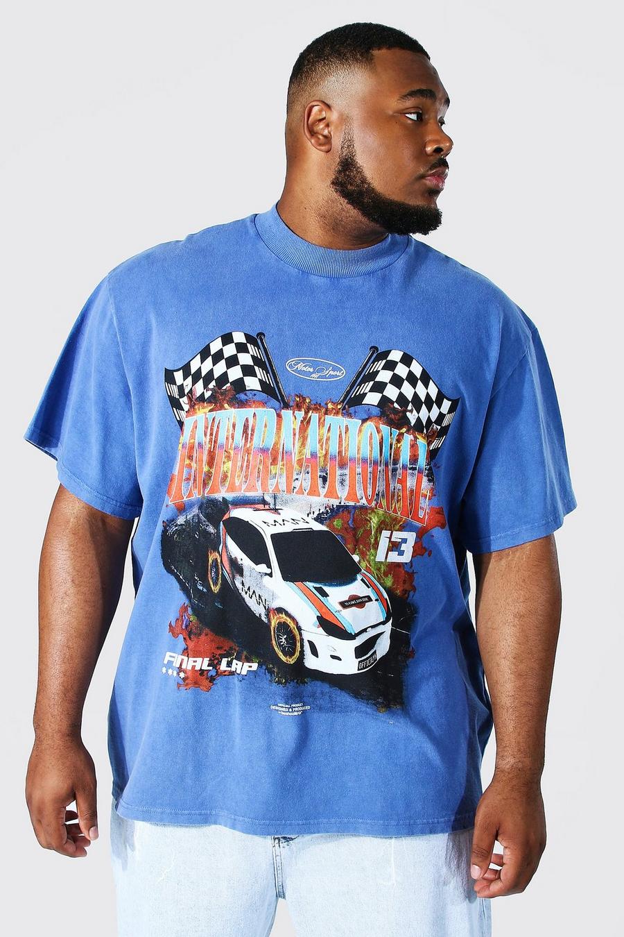 Camiseta Plus holgada de cuello extendido con estampado de coche, Light blue azul image number 1