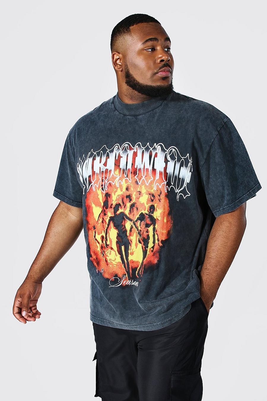 Charcoal grå Plus - Stentvättad t-shirt med eldsflammor och hög halsmudd image number 1